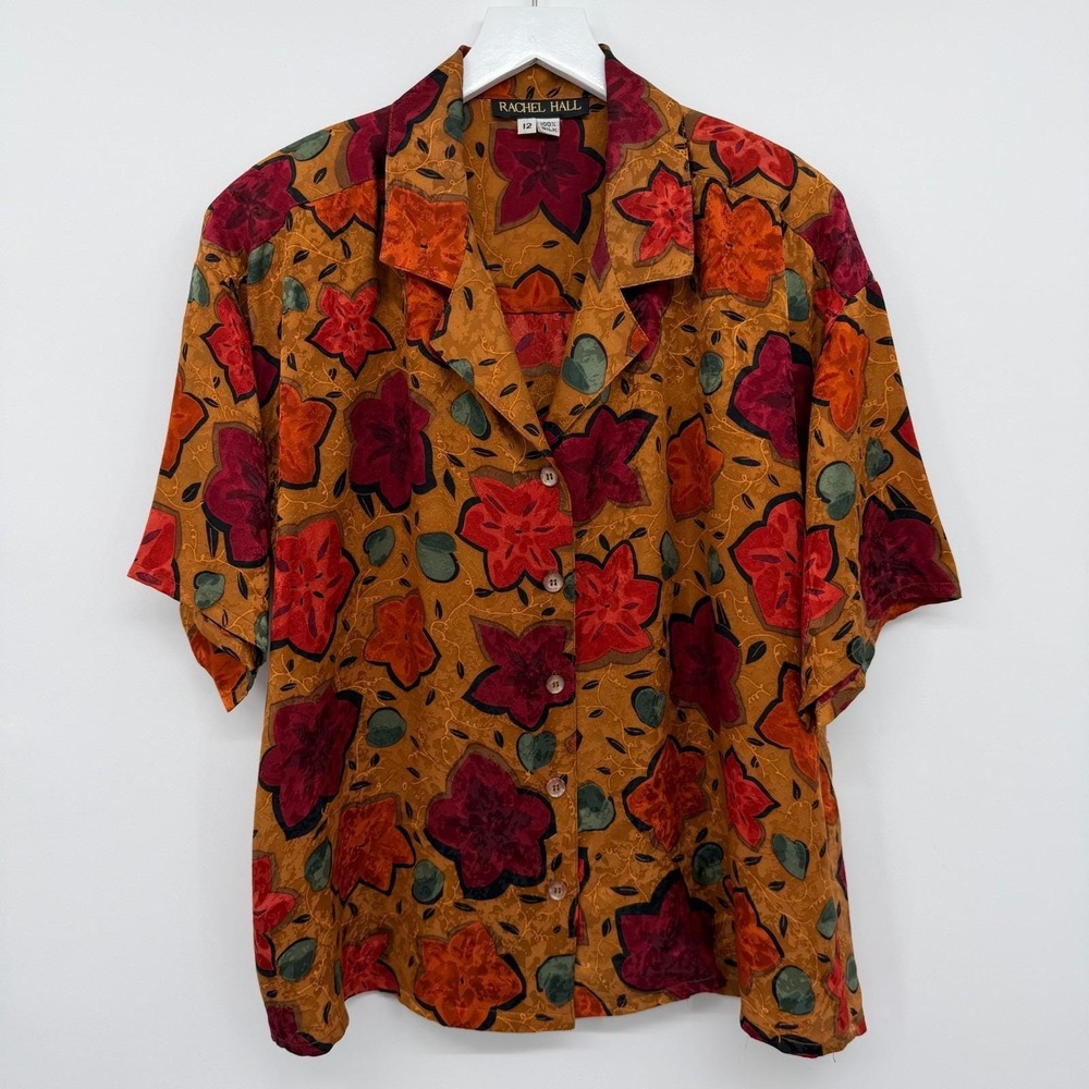 Vintage Womens 100% Silk Top Shirt Blouse Size 12 Shoulder Pads Earthy Artsy M L